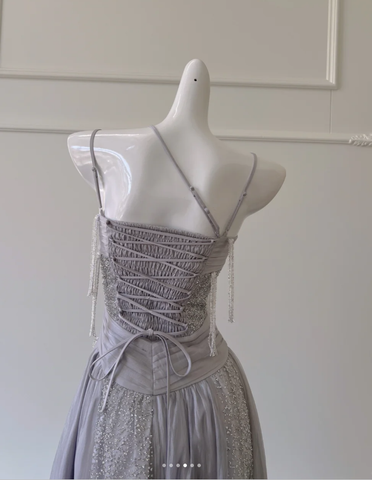 Elegante vestido de fiesta morado con lentejuelas, tul, cuentas y borlas, corte en A, modelo Y8586