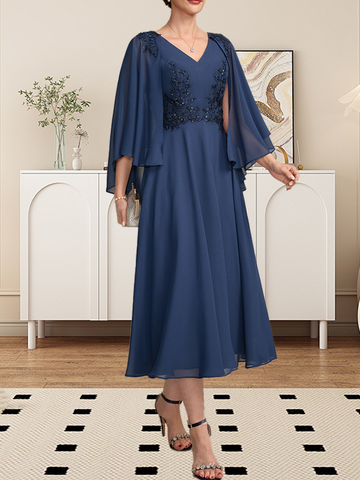 A-line V-Neck Tea-Length Chiffon Lace Mother of the Bride Dress With Beading Sequins