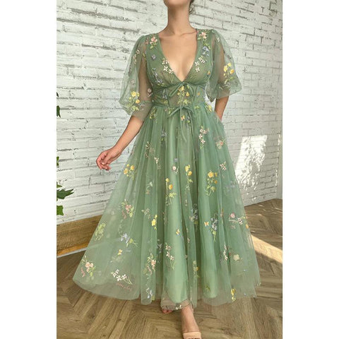 Vestido de fiesta sexy con escote en V, media manga, bordado de encaje y bolsillos