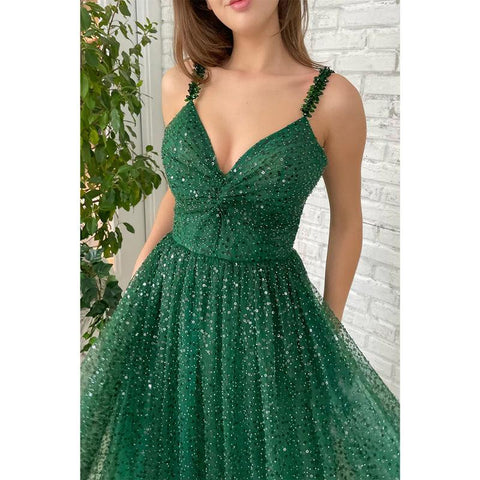 Robe de bal longue verte scintillante à bretelles spaghetti et paillettes avec poches pour femme 