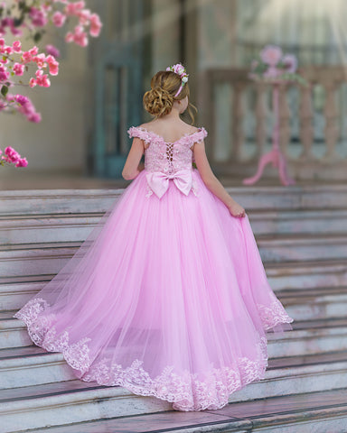 Ball-Gown/Princess Lace Sweep Train Pink Birthday Dress