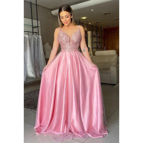 Vestido de noche largo formal con tirantes finos y apliques de encaje 