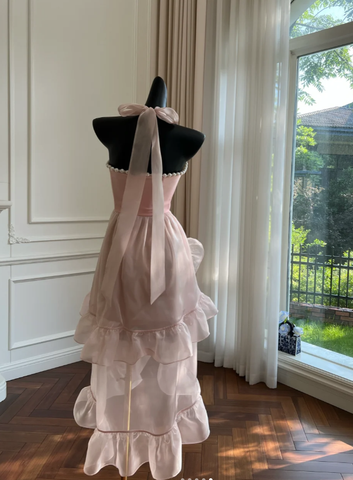 Vestido sencillo de fiesta rosa con escote halter, tul, perlas, cuentas y volantes asimétricos (Y8582)