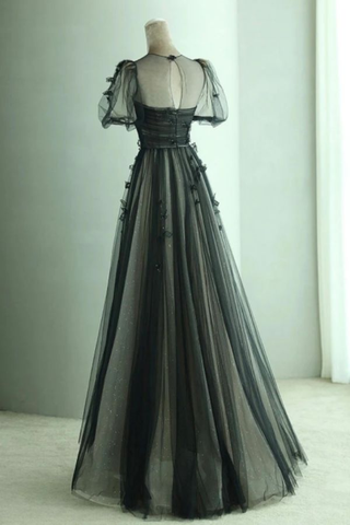 A Line Black Puff Sleeves Tulle Long Prom Dress Black Formal Evening Dress Y7334