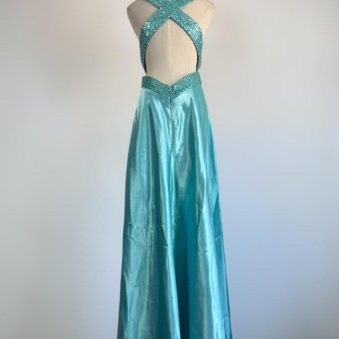 Vestido de fiesta formal azul con escote en V, satén y lentejuelas, sin espalda, modelo Y8548