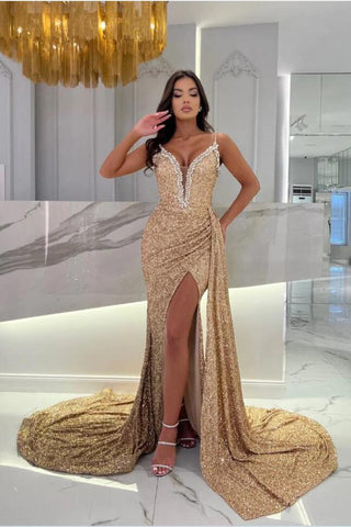 Sleeveless V-Neck Evening Dress Mermaid Long With Split