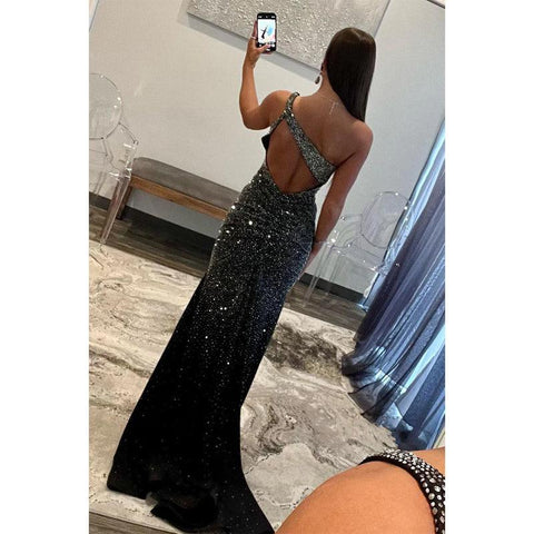 Sheath/column One Shoulder Beaded Black Prom Dress Evening Gowns