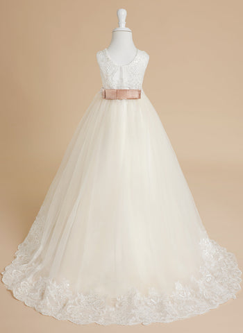 Ball-Gown/Princess Tulle Sweep Train Ivory  Flower Girl Dress