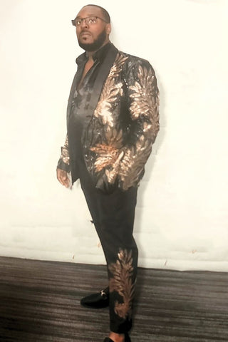 Black and Gold 2 Piece Jacquard Sequins Men's Prom Suits