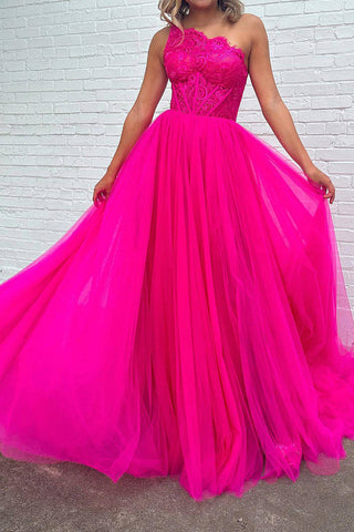 A Line One Shoulder Fuchsia Corset Prom Dress with Split Front