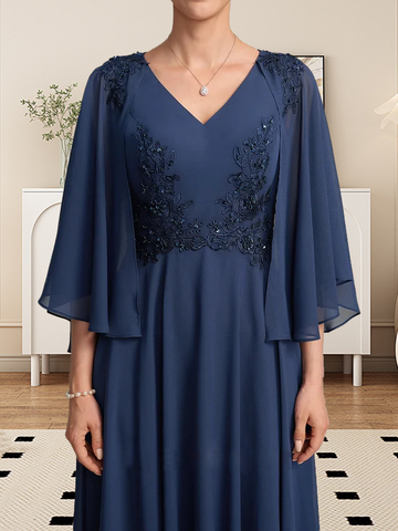 A-line V-Neck Tea-Length Chiffon Lace Mother of the Bride Dress With Beading Sequins