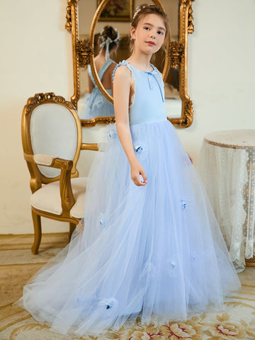 Ball-Gown/Princess Tulle Sweep Train Blue Flower Girl Dress