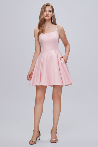 Robes de bal courtes à bretelles spaghetti, coupe trapèze et dos nu