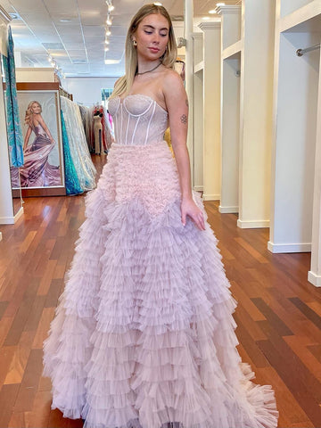 A Line Sweetheart Tiered Ruffled Tulle Long Prom Dress