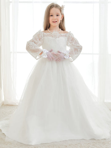 A-line Lace Tulle Floor-length Ivory Dress (2003227154)