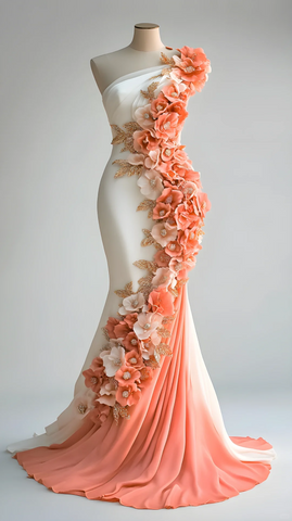 Robe de bal longue sirène en mousseline ornée d'appliqués de pivoines, modèle Y8566