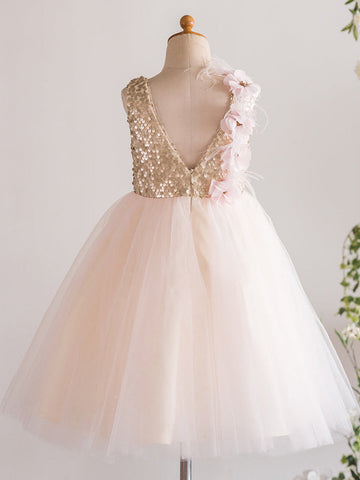 A-line Tulle Tea-length Pearl Pink Dress (010226992)