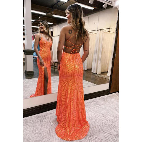 Vestido de fiesta de graduación con escote en V, tirantes finos, espalda descubierta y abertura lateral