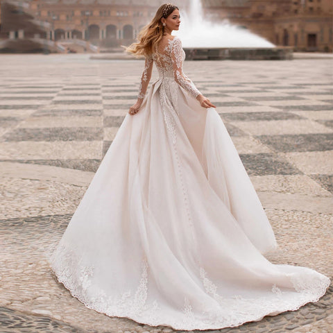 Vestido de novia corte A con cuello redondo, cuentas de cristal, elegante, bohemio, apliques de encaje, manga larga, ideal para fiestas en la playa.