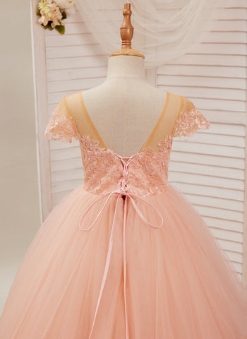 Ball-Gown/Princess Lace Tulle Sweep Train Pink Dress (2003226644)