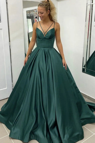 A Line Spaghetti Straps Dark Green Prom Dress with Sweep Train