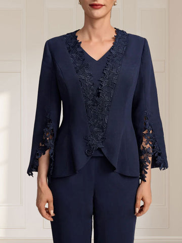 Separates Jumpsuit/Pantsuit V-Neck Floor-Length Chiffon Mother of the Bride Dress