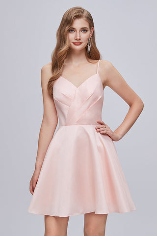 Vestidos cortos de fiesta rosas con escote en V, tirantes finos, corte en A y cordones.