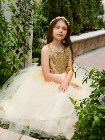 Ball-Gown/Princess Tulle Floor-length Champagne Flower Girl Dress