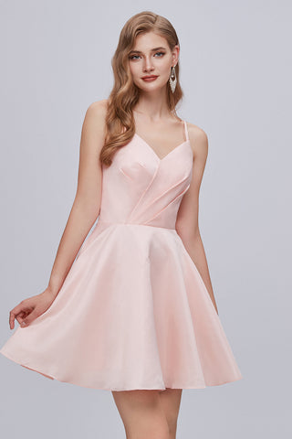 Vestidos cortos de fiesta rosas con escote en V, tirantes finos, corte en A y cordones.