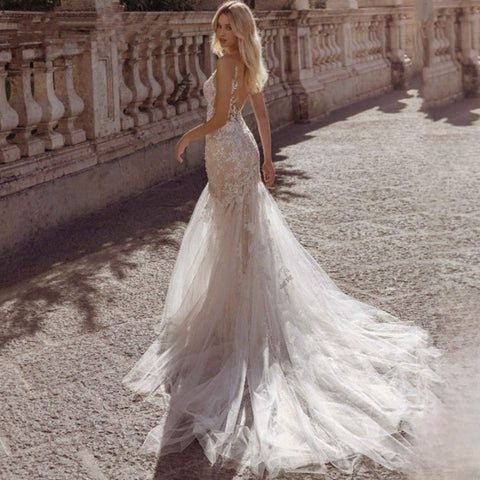 Sexy Spaghetti Straps Vestidos De Novia Lace V-Neck Mermaid Wedding Dresses Appliques Backless Vestido De Noiva