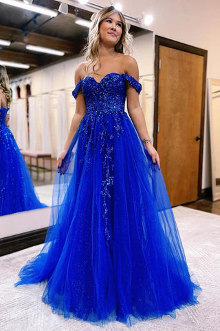 A Line Off the Shoulder Royal Blue Long Prom Dress with Split Front