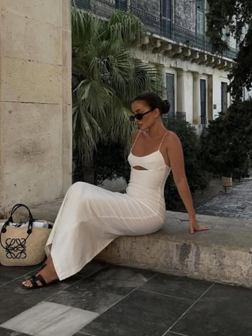 Robe de soirée longue blanche à fines bretelles Y7201