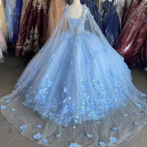 Robe de bal bleu clair pour quinceañera, ornée de fleurs, épaules dénudées, applications de dentelle, perles de cristal et fleurs 3D, manches longues, robe Sweet 16 Y759