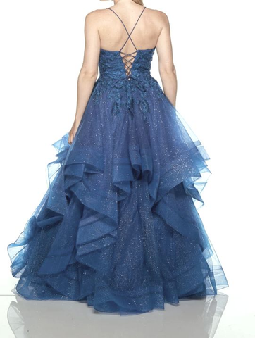 Robe de bal longue bleu brillant à bretelles spaghetti, col en V, en tulle et sequins (Y8051)