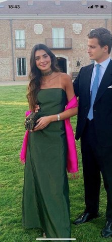 Vestido largo de noche de satén verde sencillo, sin tirantes, corte recto, modelo Y8322