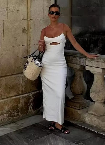 Robe de soirée longue blanche à fines bretelles Y7201