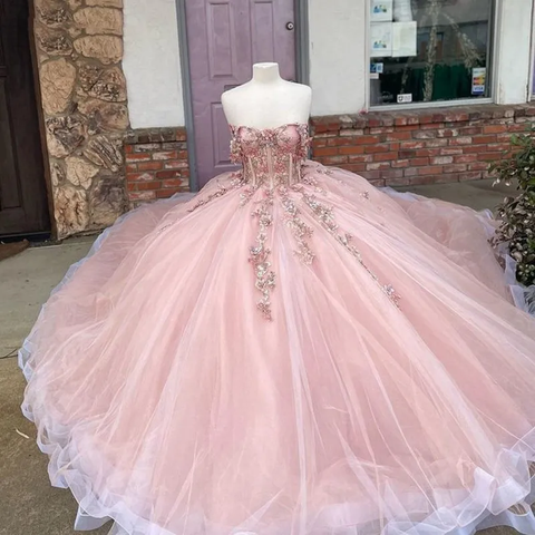 Vestido de gala rosa con apliques florales de tul para quinceañera Y527