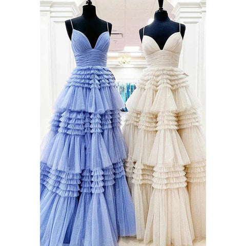 Vestido largo de fiesta de bienvenida con escote en V, tirantes finos y tul fruncido, corte A 