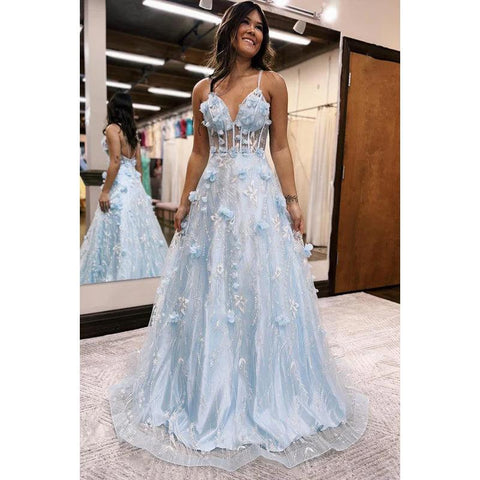 Robe de bal élégante et luxueuse à bretelles spaghetti et col en V avec appliques