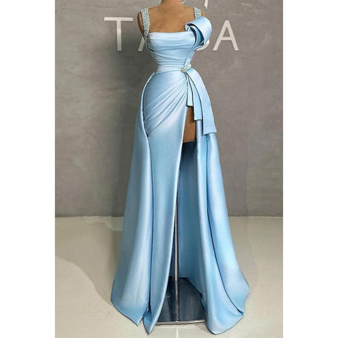 Vestido de fiesta formal glamuroso y dramático con tirantes de cuentas, corte A, abertura y fruncido