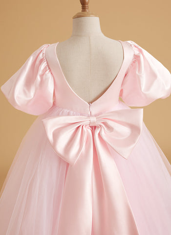 A-line Satin Tulle Short Sleeves Flower Girl Dress