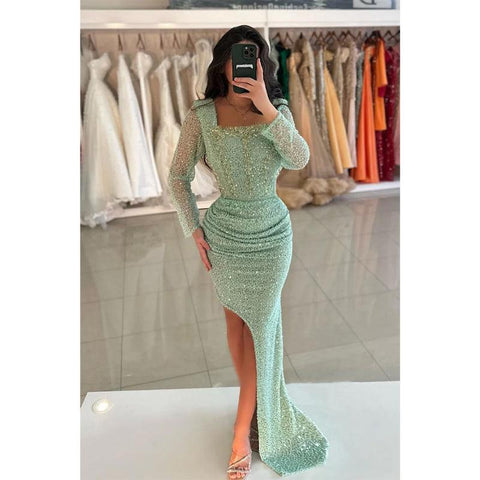 Sheath Squsare Beaded Embroidered Pleats Long Prom Dress Evening Gowns