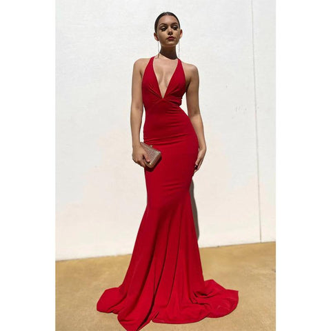 Vestido de fiesta de sirena con pliegues y escote en V profundo sexy 