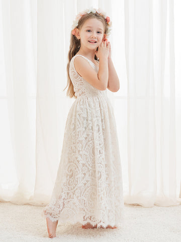 A-line Lace Ankle-length Ivory Boho Flower Girl Dress