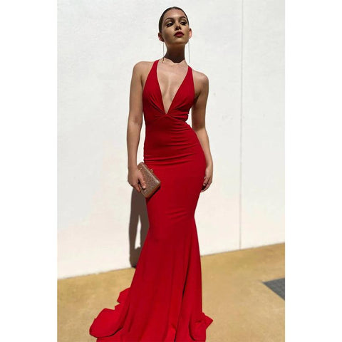 Vestido de fiesta de sirena con pliegues y escote en V profundo sexy 