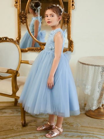 Ball-Gown/Princess Satin Tulle Tea-length Blue Dress (2003225970)
