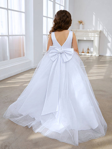 Classic White A-line Sleeveless Satin and Tulle Flower Girl Dress