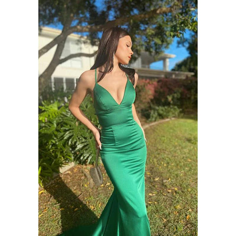 Vestido de noche de satén con escote en V, sin mangas, con cordones y corte trompeta/sirena