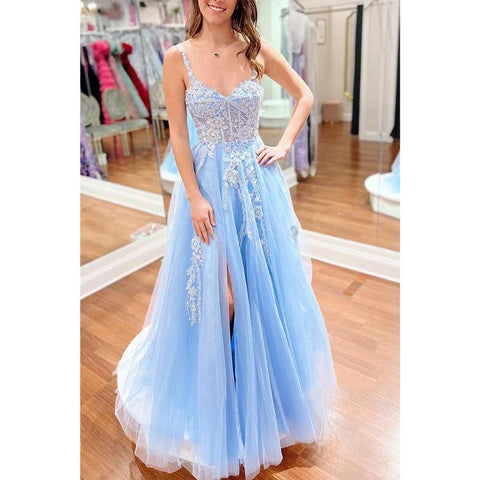 Vestido de noche de fiesta de graduación con apliques de ilusión de tul en forma de A y abertura lateral