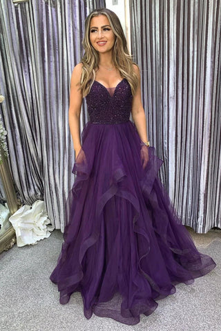 A Line Spaghetti Straps Dark Purple Long Prom Dress with Beading